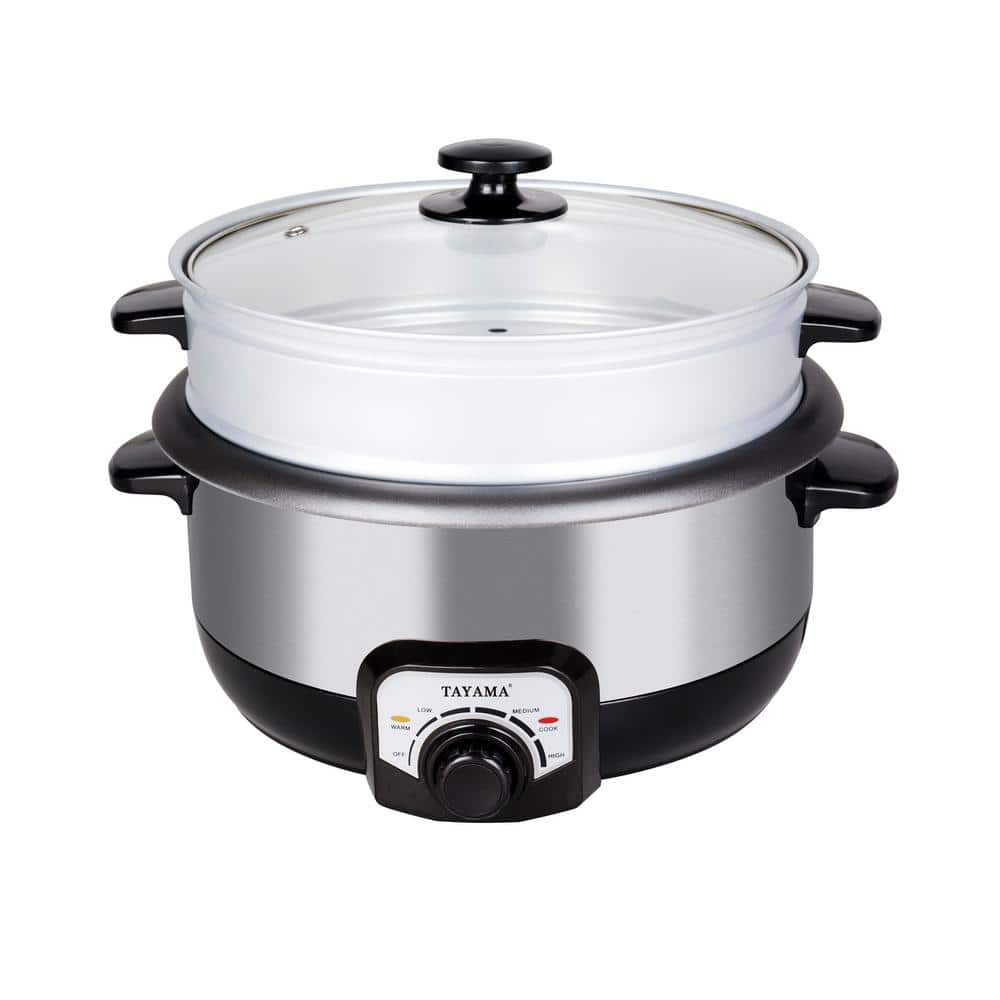 Tayama 3 qt. Black Stainless Steel Electric Non-Stick Hot Pot Multi-Cooker with Steamer and Glass Lid TMC-130SB