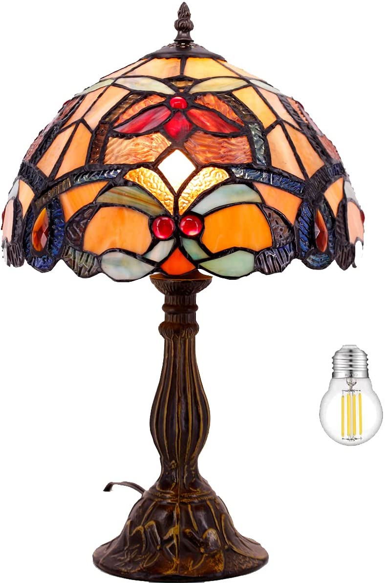 SHADY Tiffany Table Lamp Orange Stained Glass Flower Liaison Style Reading Desk Bedside Light 12X12X18 Inches Decor Bedroom Living Room Home Office S617 Series