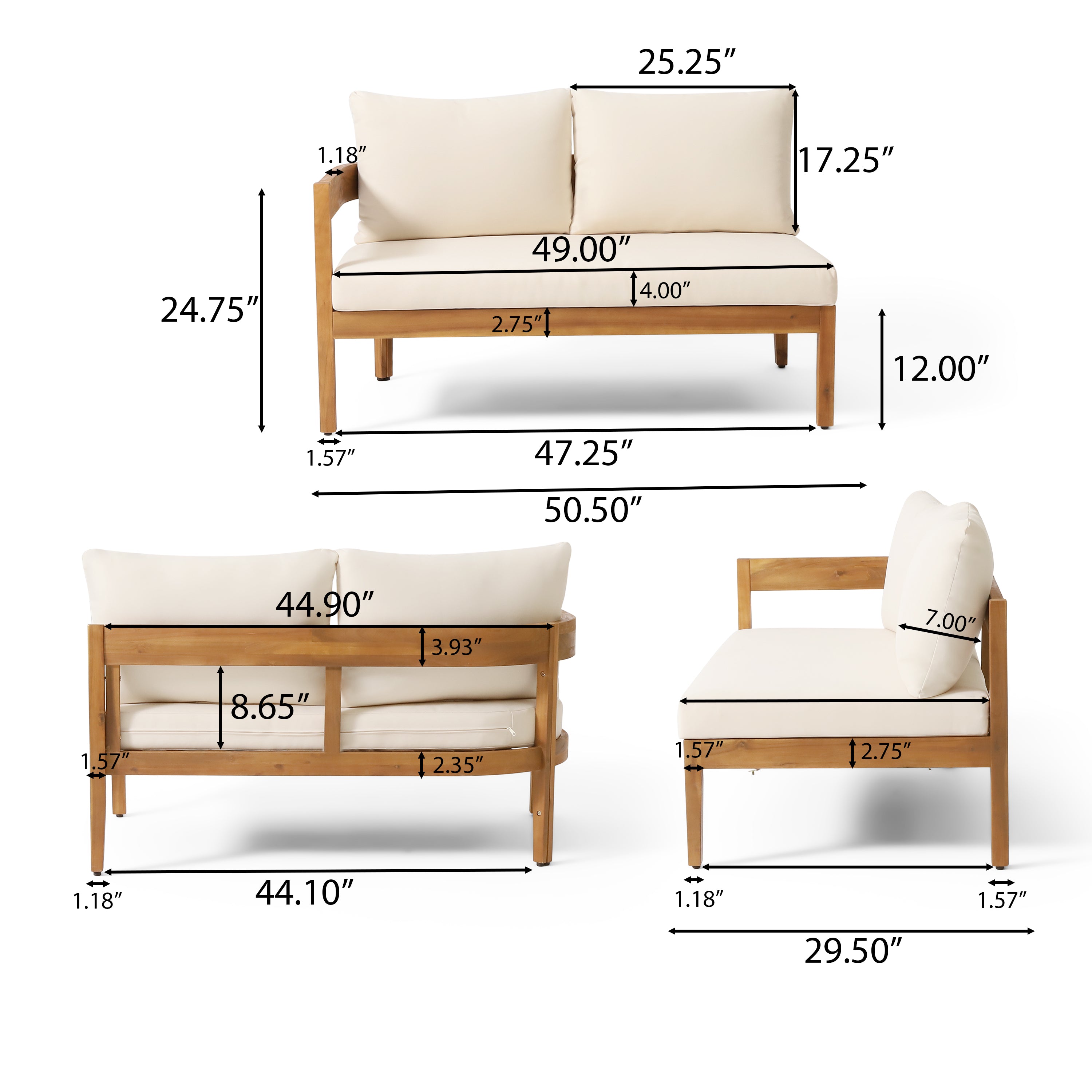 Brooklyn Outdoor Acacia Wood 5 Seater Sectional Sofa Chat Set with Cushions, Teak and Beige