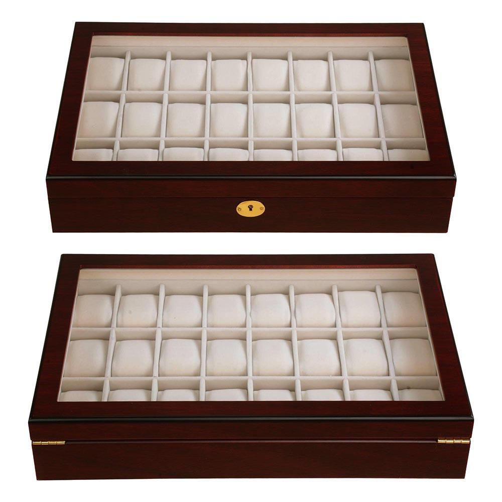 24-Slot Walnut Matte Finish Wood Watch Display Case