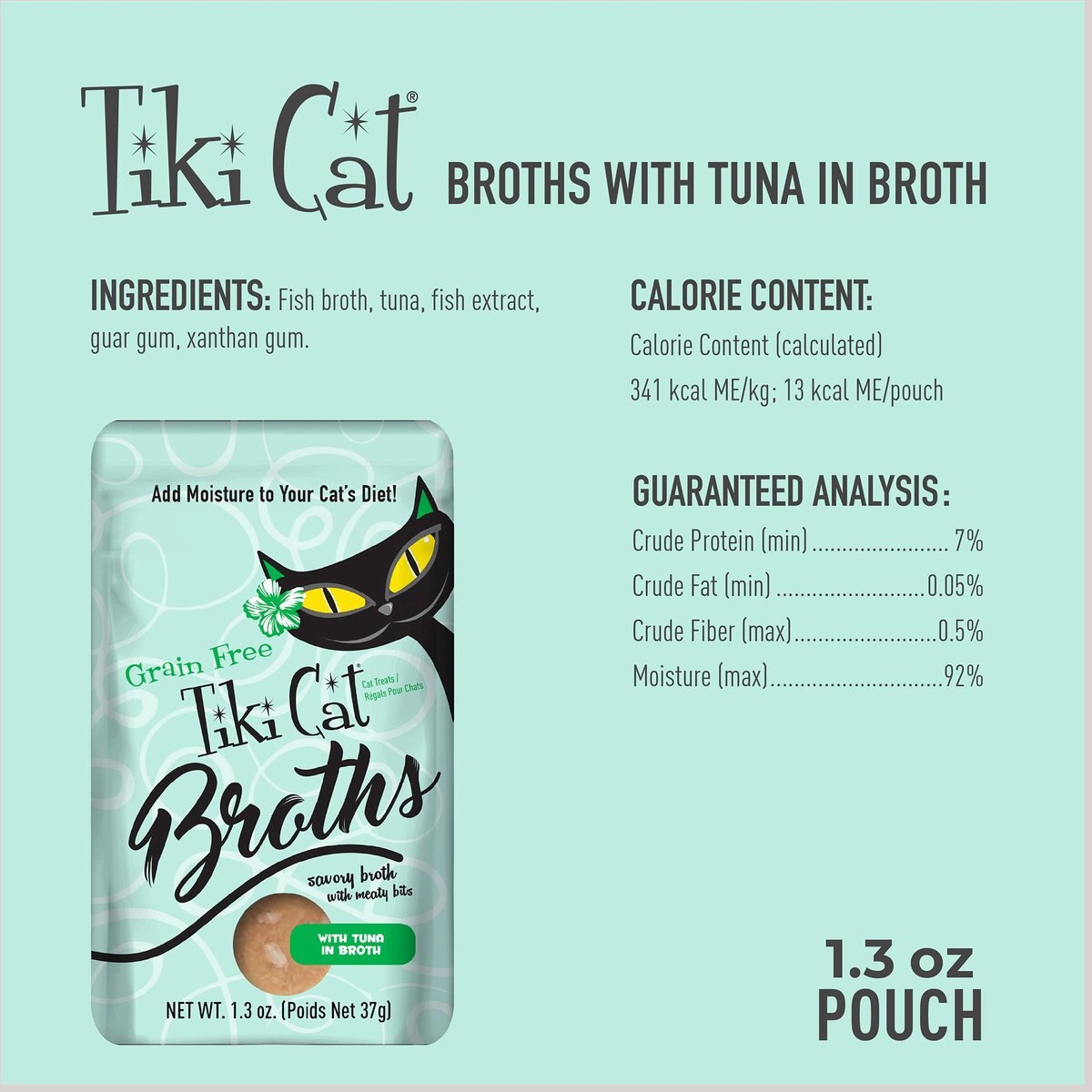 Tiki Cat Broths Tuna in Broth with Meaty Bits Grain-Free Wet Cat Food Topper， 1.3-oz pouch， case of 12