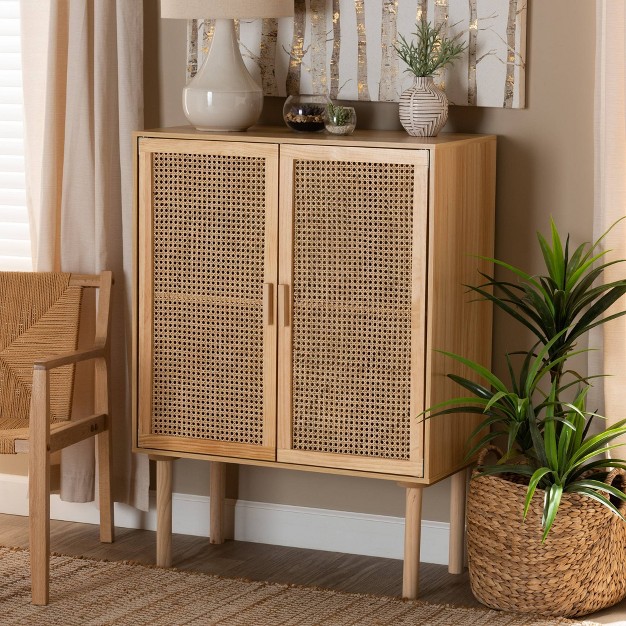 Maclean Rattan Wood 2 Door Storage Cabinet Natural brown Baxton Studio