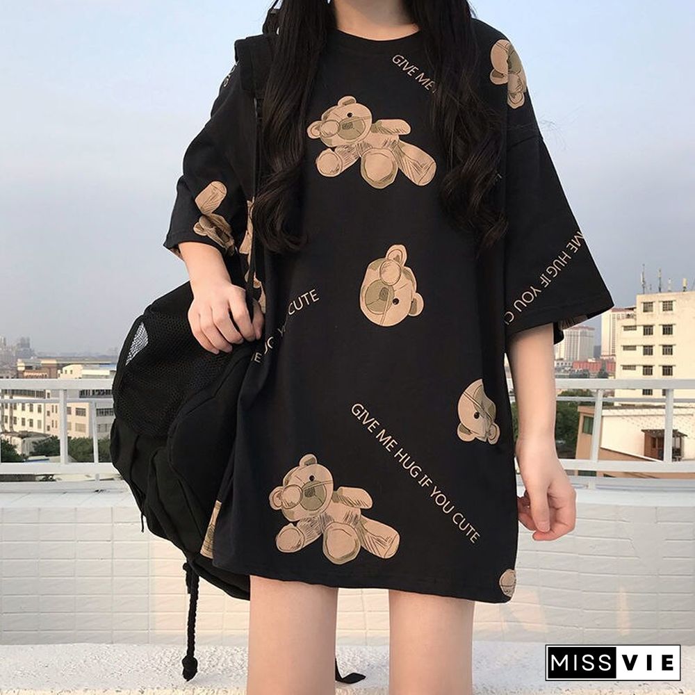 Women Tshirts Female Spring Summer Harajuku Tops L-4XL Plus Size Crew Collar Short Sleeve Tee Graphic T-shirt Cute Hug Bear