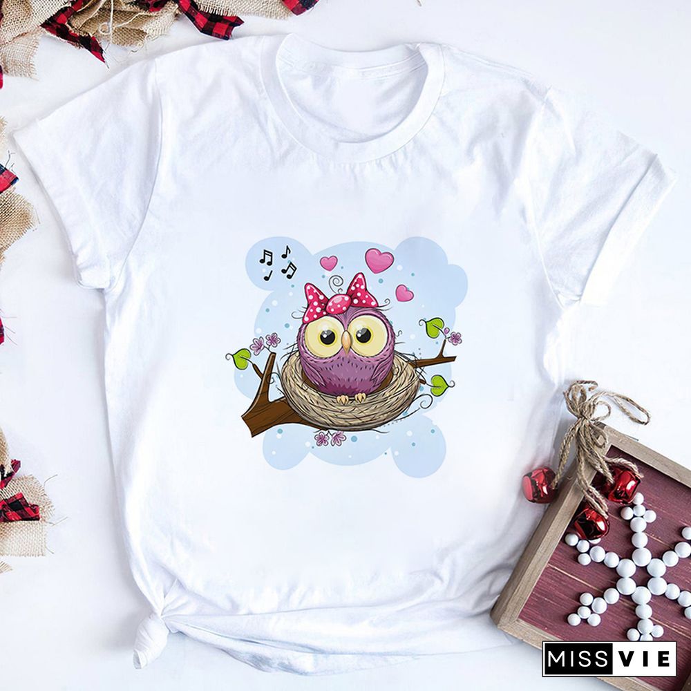 Gothic Women Cute Owl Printed T-Shirt All Seasons Fashion Thin Short Sleeve Tees Harajuku Casual Pink Top Female Clothing Tshirt