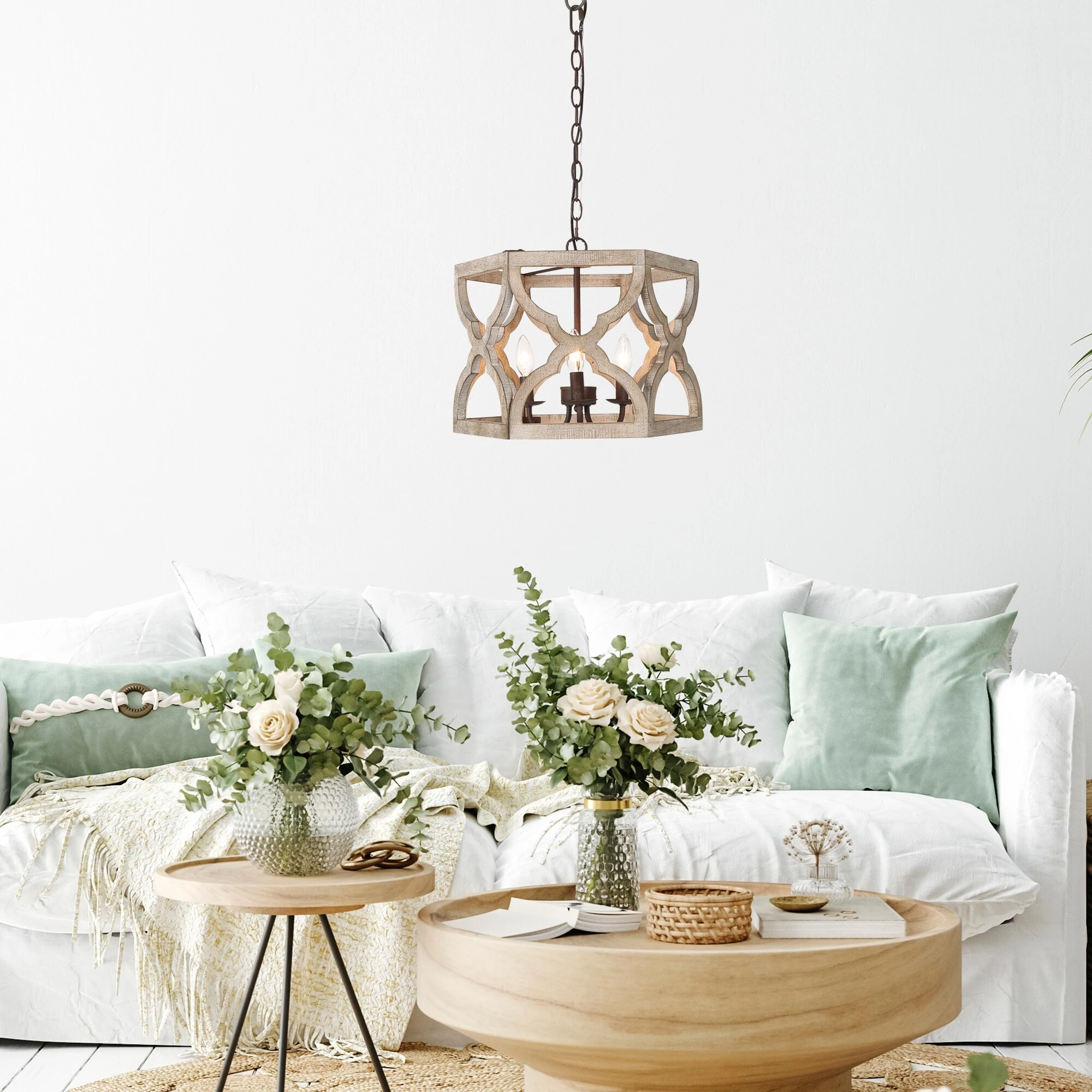Woodly Farmhouse 3-Light Wood Chandelier Lantern Island Lights for Dining Room - 16.5