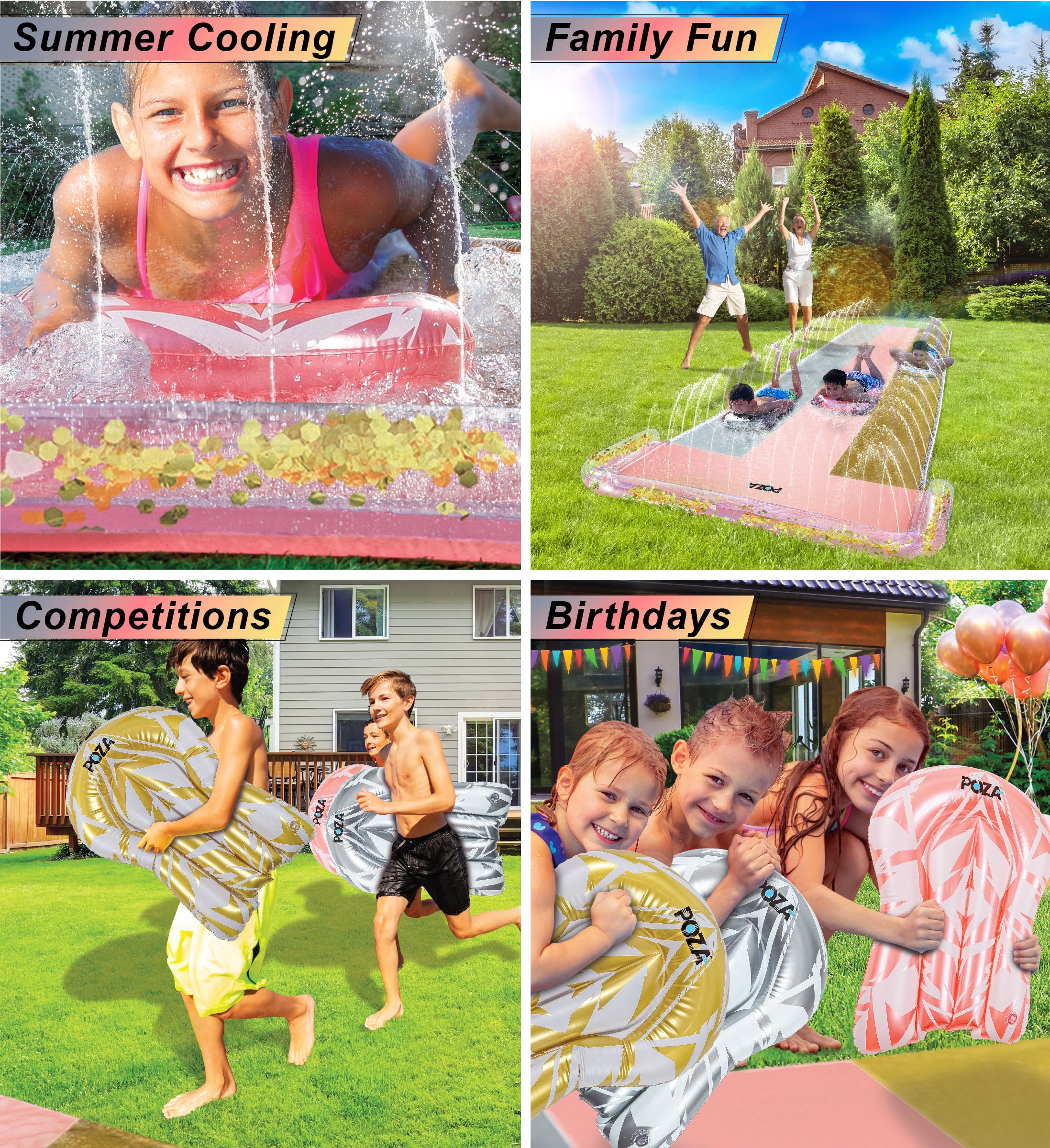 POZA Inflatable Jumbo Triple Slider with 3 Boogie Boards - Luxurious Sparkly Triple Water Slide Toy Ride With Built In Sprinkler Splash, Outdoor Backyard Summer Triple Lane Waterslide Race - 18 Feet