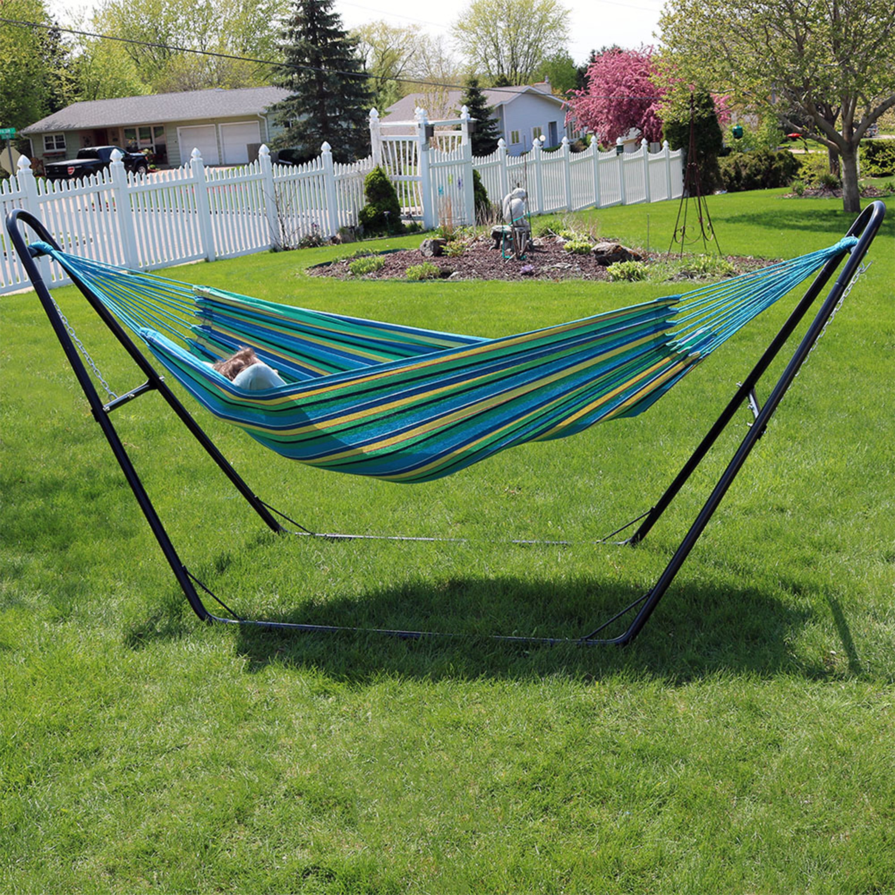 Sunnydaze Outdoor 2-Person Double Cotton Brazilian Hammock with Black Steel Universal Multi-Use Stand - Sea Grass