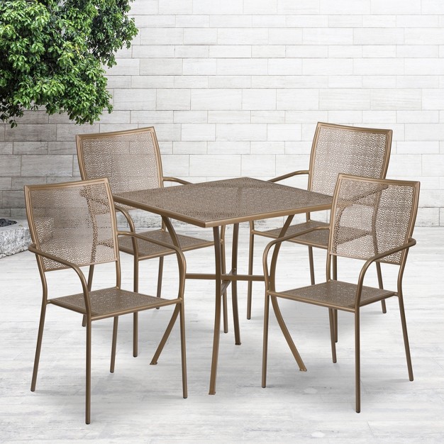 Square Indoor outdoor Steel Patio Table Set With 4 Square Back Chairs