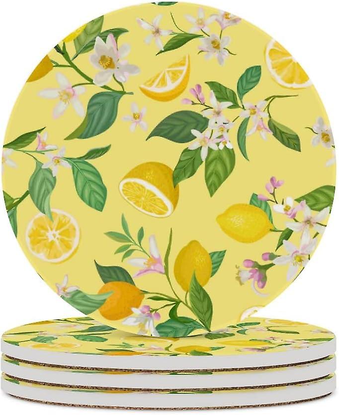 1pc Round Lemon With Tropical Leaves Flowers Ceramic Coasters With Cork-backed For Coffee Drink Cup Mat Absorbent Stone Coasters