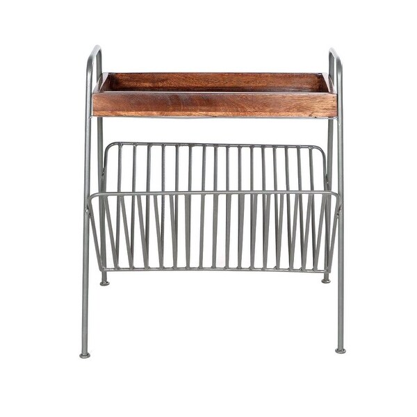 25 Inch Rectangular Metal Frame Side Table， Magazine Rack， Mango Wood Tray Top， Brown， Pewter Gray - 22 L x 18 W x 24.5 H