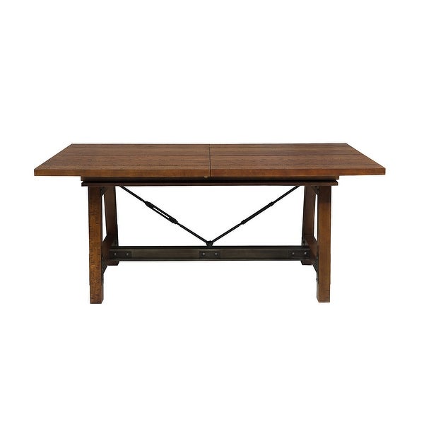 Wooden Dining Table with Extendable Leaf and Block Legs， Brown