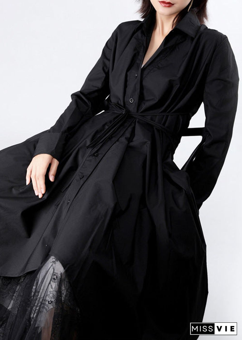 Women Black Asymmetrical tie waist Long Dresses Long Sleeve