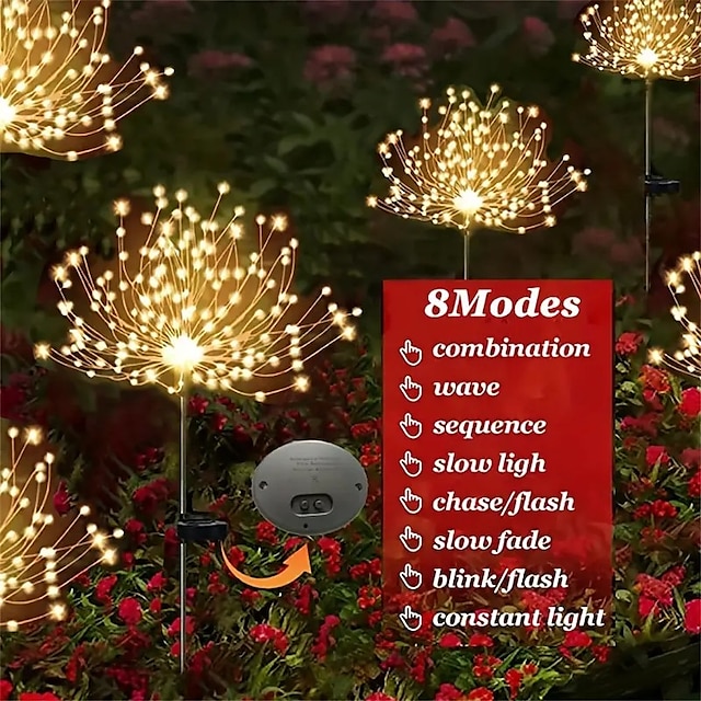 Fireworks Solar Lights Outdoor Pathway Lights Solar Powered Starburst Fairy Lights Waterproof 8 Lighting Modes with Remote Control For Patio Decorative Landscape 90/120/150/180/200 LEDs