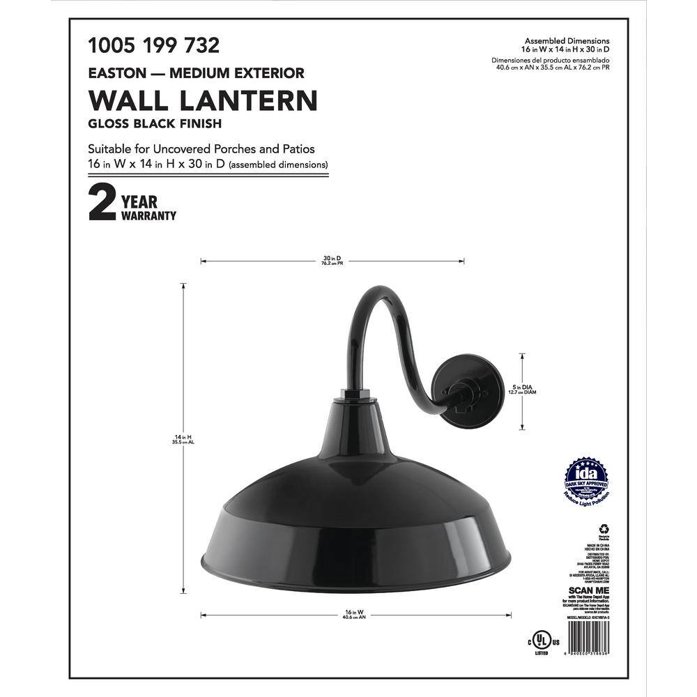 Hampton Bay Easton 1-Light Black Barn Outdoor Wall Lantern Sconce with Aluminum Shade KHC1691A-3