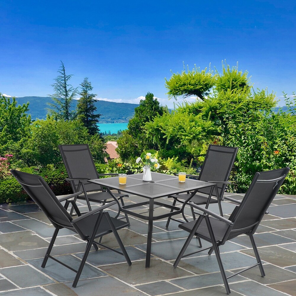 PHI VILLA 5 Piece Square Steel Table   Textilene Reclining Folding Sling Chair Patio Dining Sets