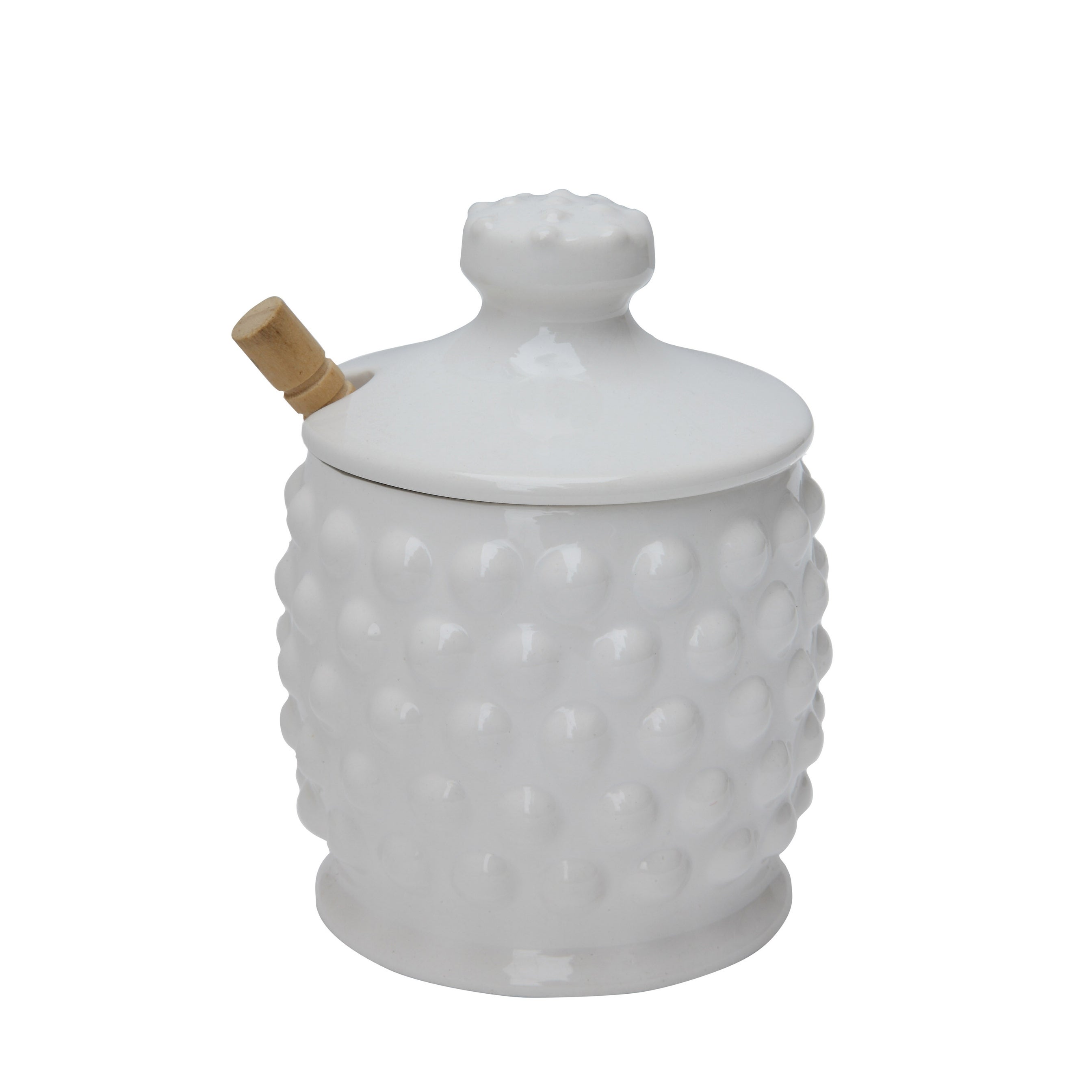 White Ceramic Hobnail Style Honey Jar with Lid and Wood Dipper (Set of 2 Pieces)