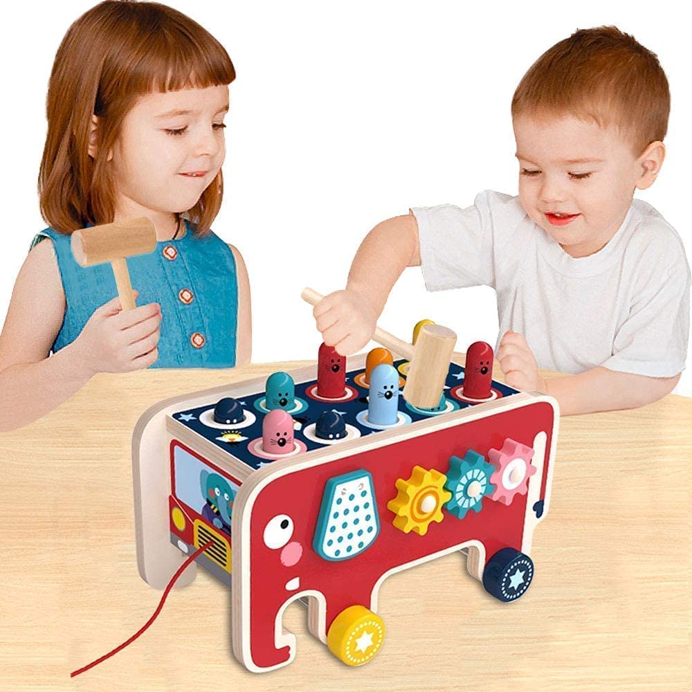 Nukied Wooden Hammering and Pounding Toys with 2 mallets Knocking Bench Hitting Elephant Game， Early Childhood Education Wooden Toys Gifts for Boys and Girls