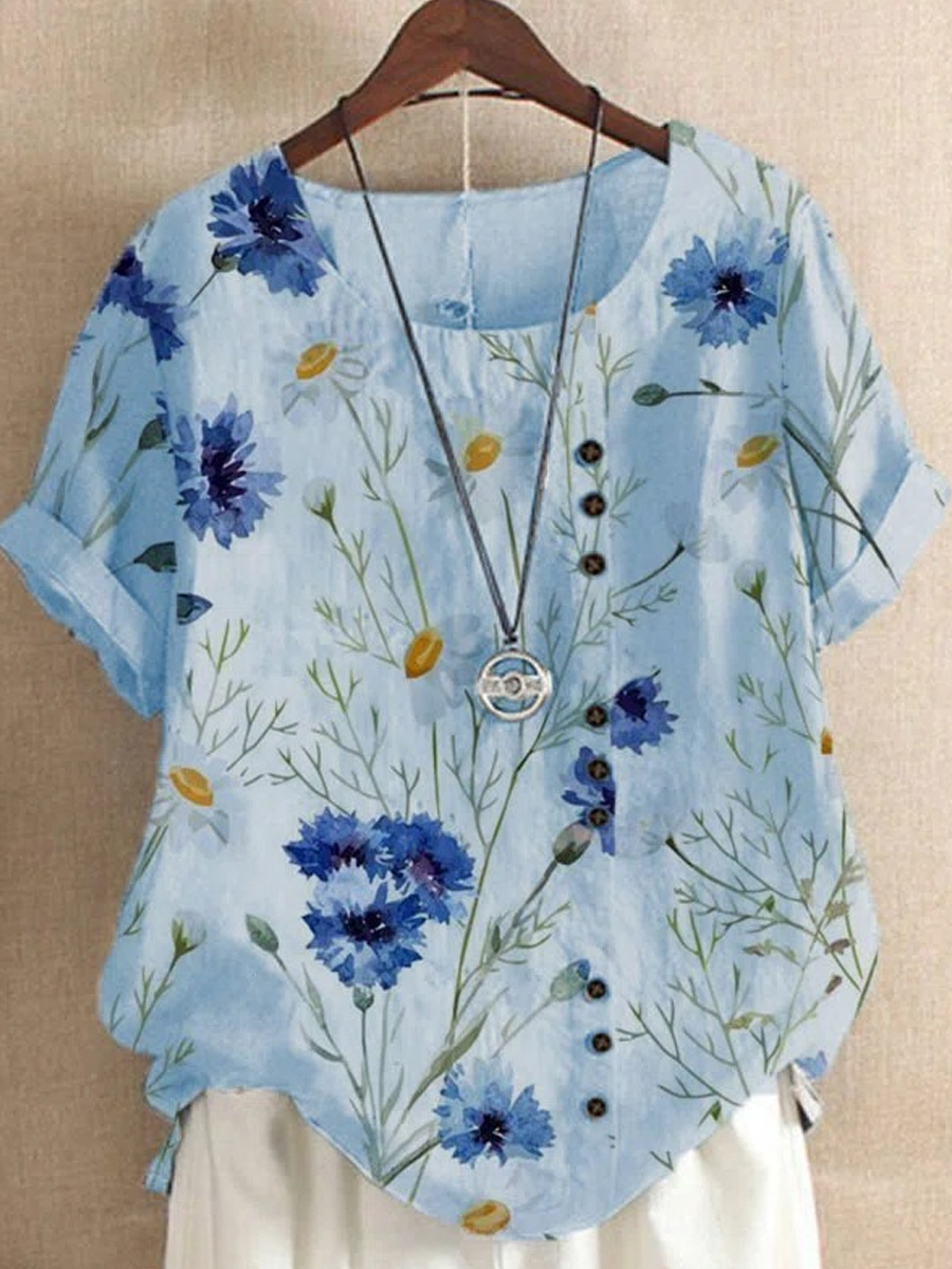 Cotton Marguerite Flower Print Short Sleeve Shirt