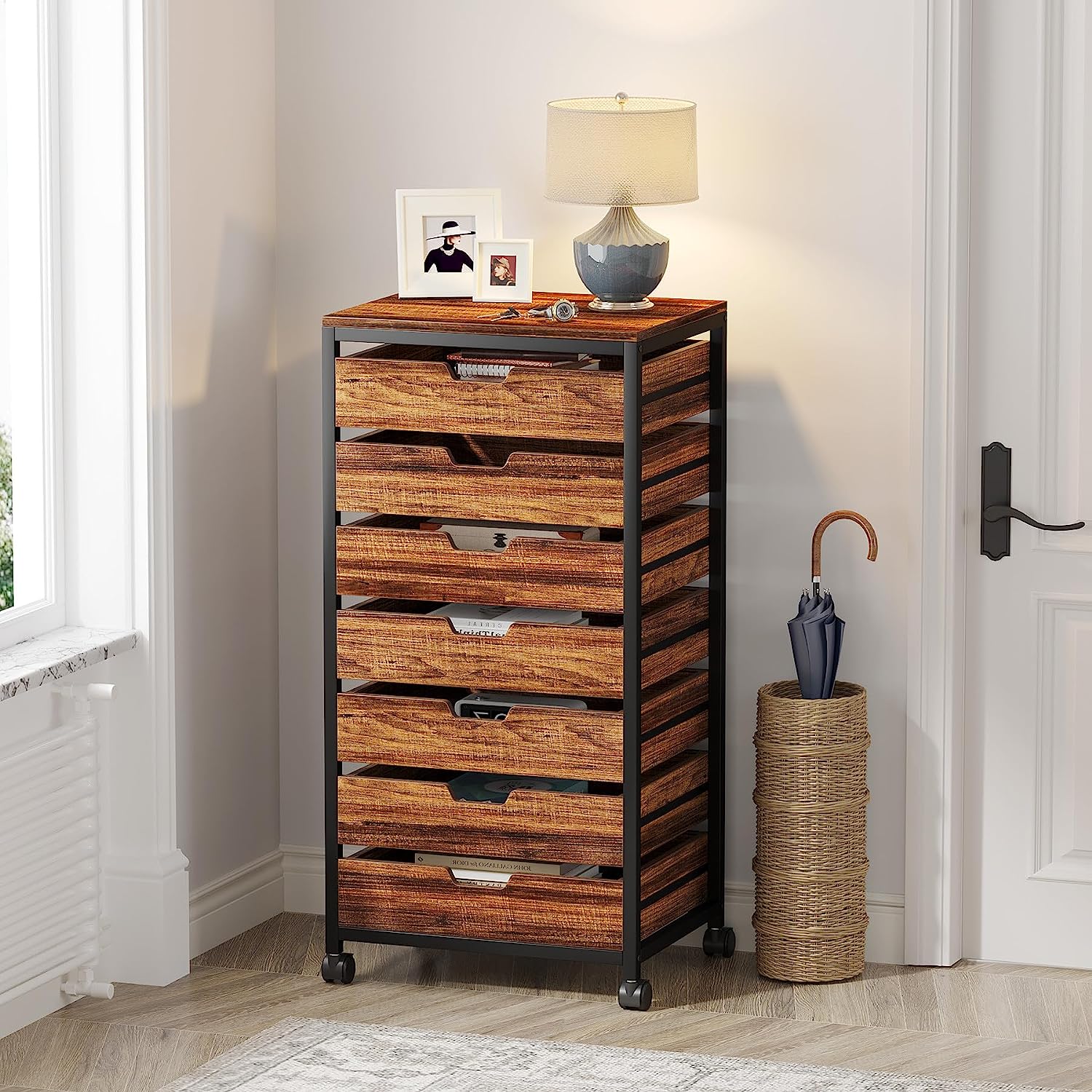 5/7 Drawer Chest, Wood Storage Dresser Cabinet with Wheels