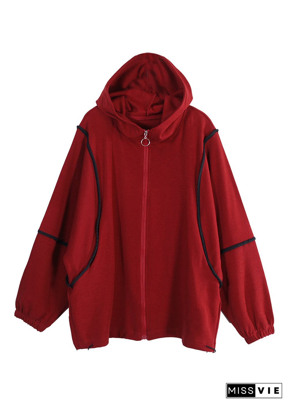 Cute Mulberry Zippered Patchwork Drawstring Hooded Sweatshirt Fall