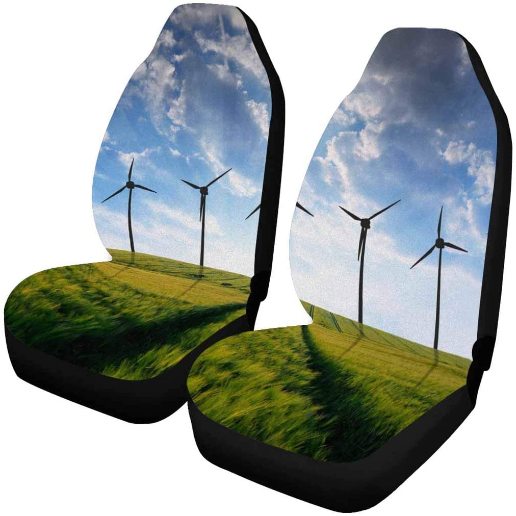 FMSHPON Set of 2 Car Seat Covers Wheat Fields with Wind Turbines Universal Auto Front Seats Protector Fits for Car，SUV Sedan，Truck