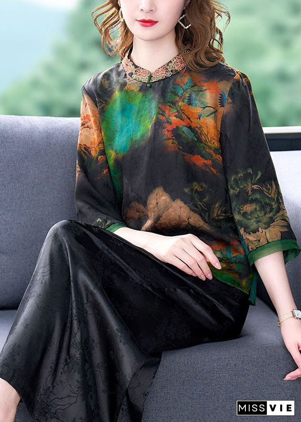 Art Black Stand Collar Embroideried Print Silk Shirt Bracelet Sleeve