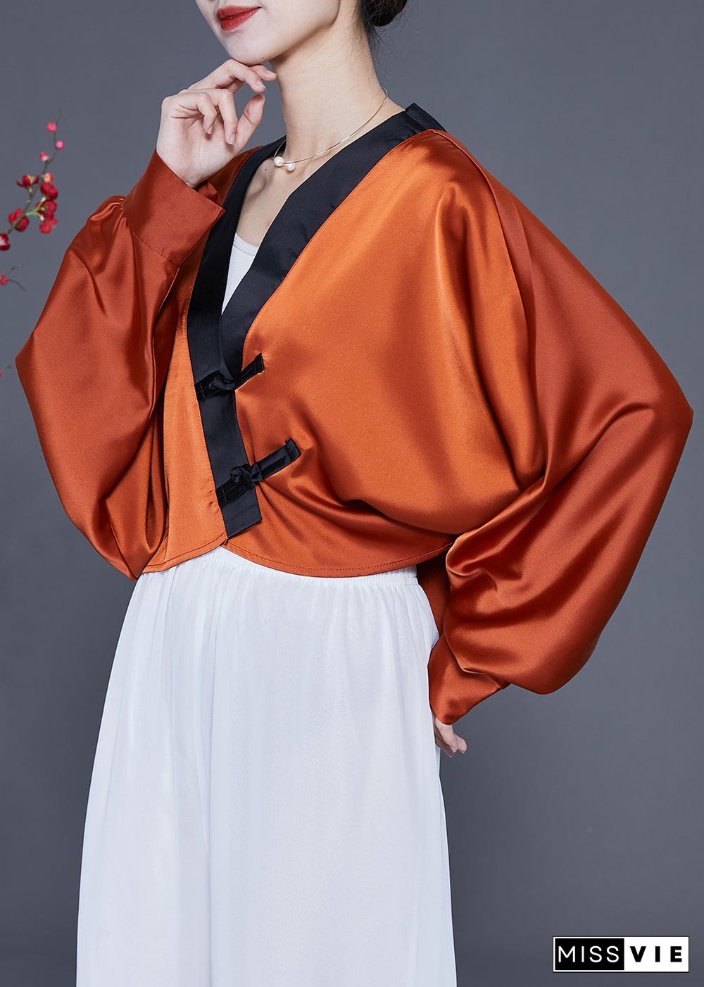 Art Caramel Oversized Patchwork Chinese Button Silk Shirt Spring