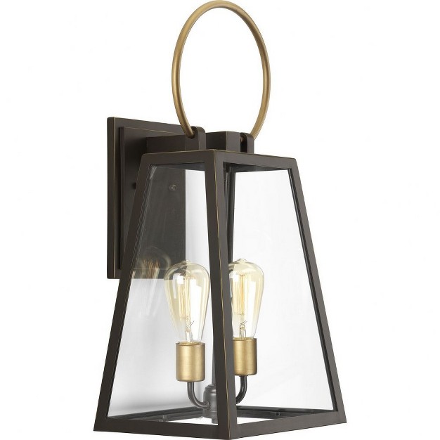 Progress Lighting Barnett Collection 2 light Large Wall Lantern In Antique Bronze With Overscaled Loop And Clear Glass Panels