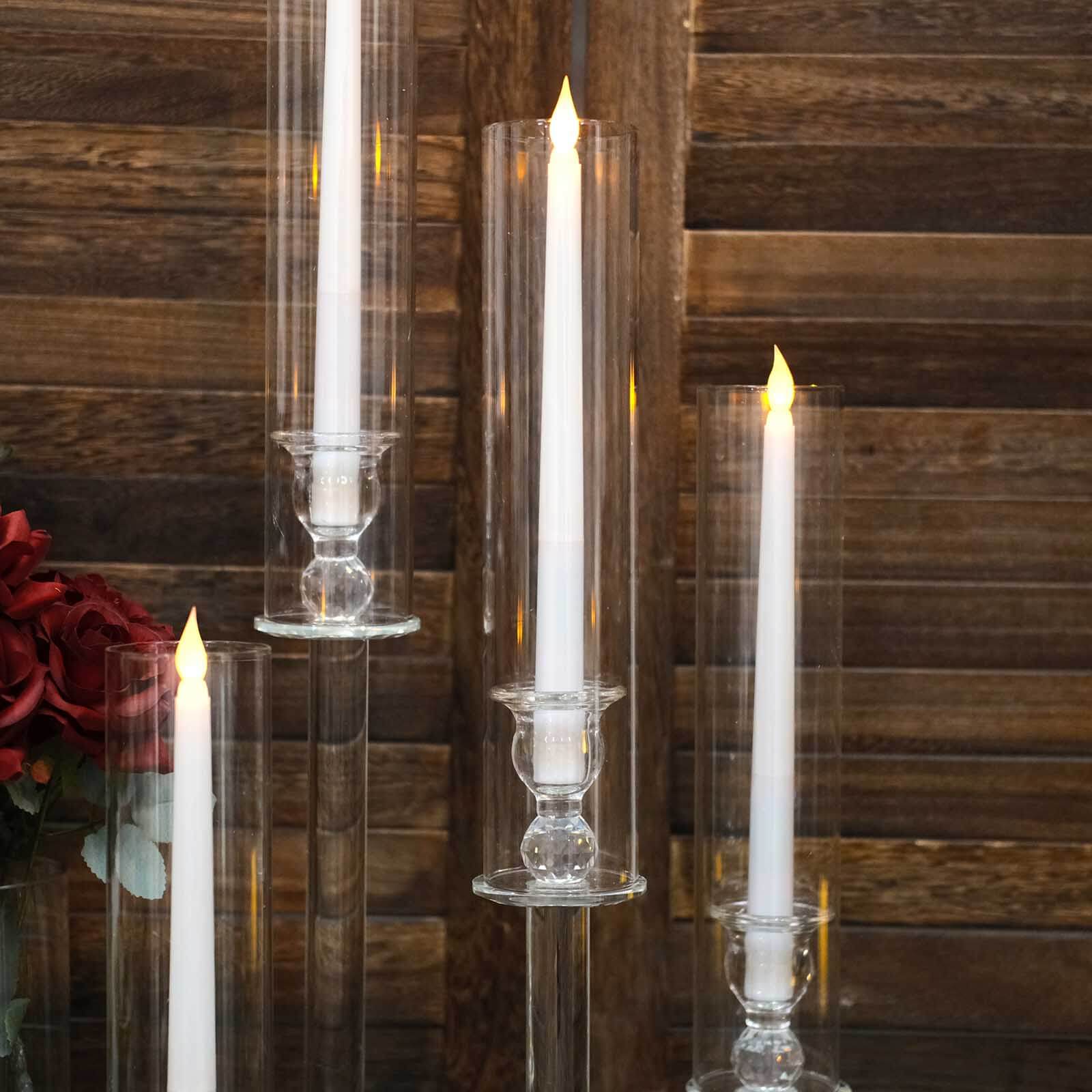 Set of 4 Clear Crystal Glass Hurricane Taper Candle Holders With Tall Cylinder Chimney Tubes 14