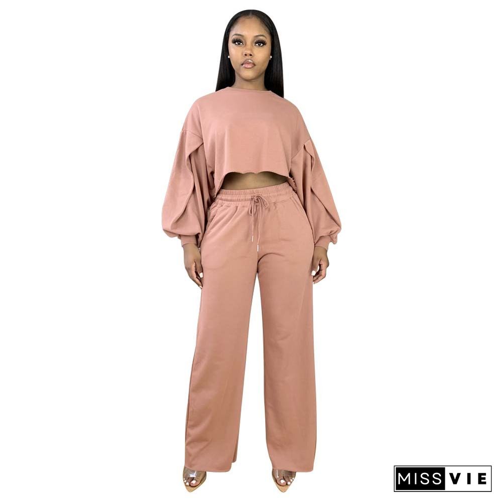 Long Sleeve Crop Top Drawstring Wide Leg Pants Set