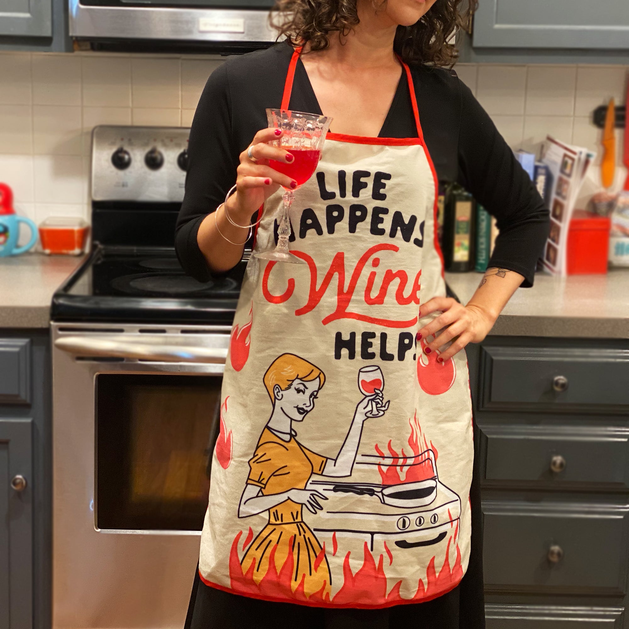 Life Happens Wine Helps Funny Cooking Drinking Wine Lover Kitchen Accessories (Oven Mitt + Apron)