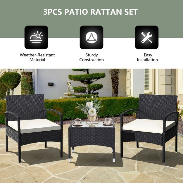 Tangkula 3pcs Wicker Rattan Furniture Patio Coffee Table Chair W Washable Cushion