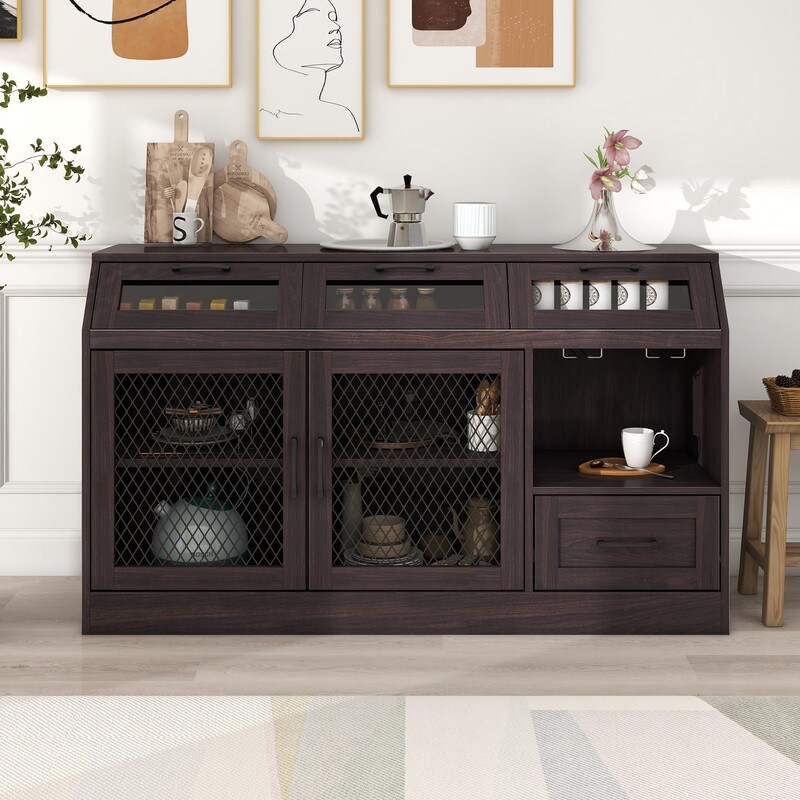 Kitchen Sideboard Multifunctional Buffet Cabinet with 4 Drawers  Wineglass Holders