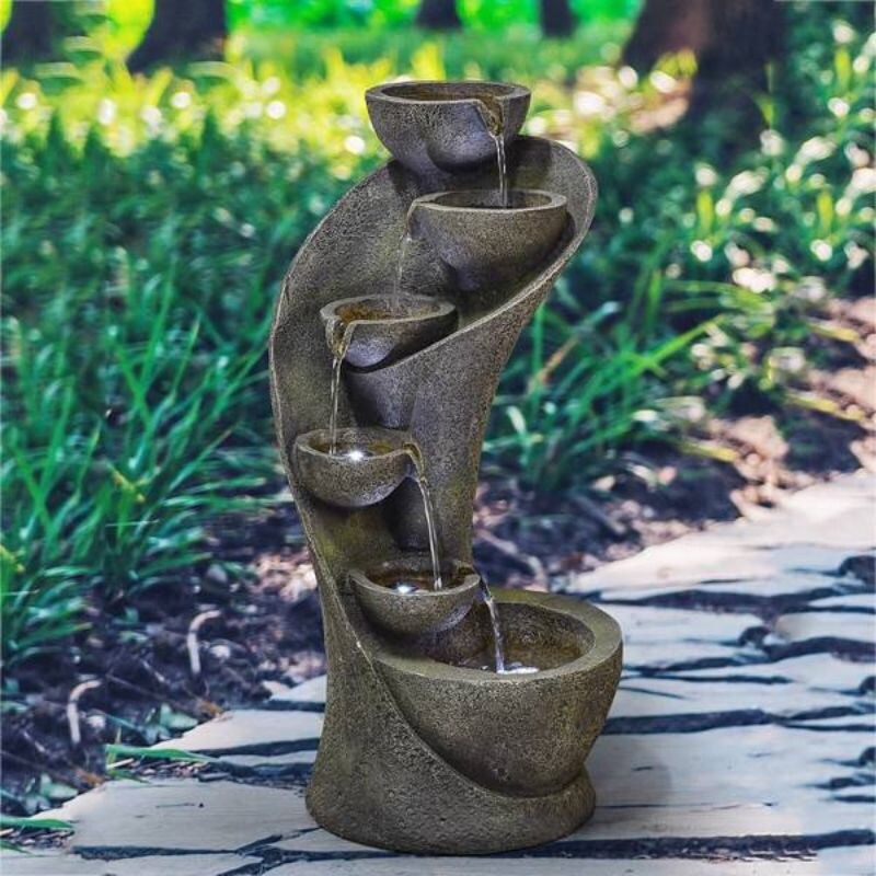 23.5inches Outdoor Water Fountain with LED Light   Modern Curved Indoor Outdoor Waterfall Fountain 5 Tier   11.5*11.5*23.5inches