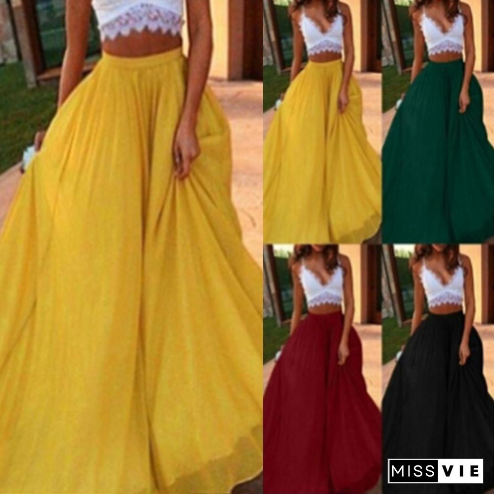 Summer Women High Waist Skirt Plus Size Elastic Waist Big Swing Long Dress Fashion Boho Loose Maxi Dresses