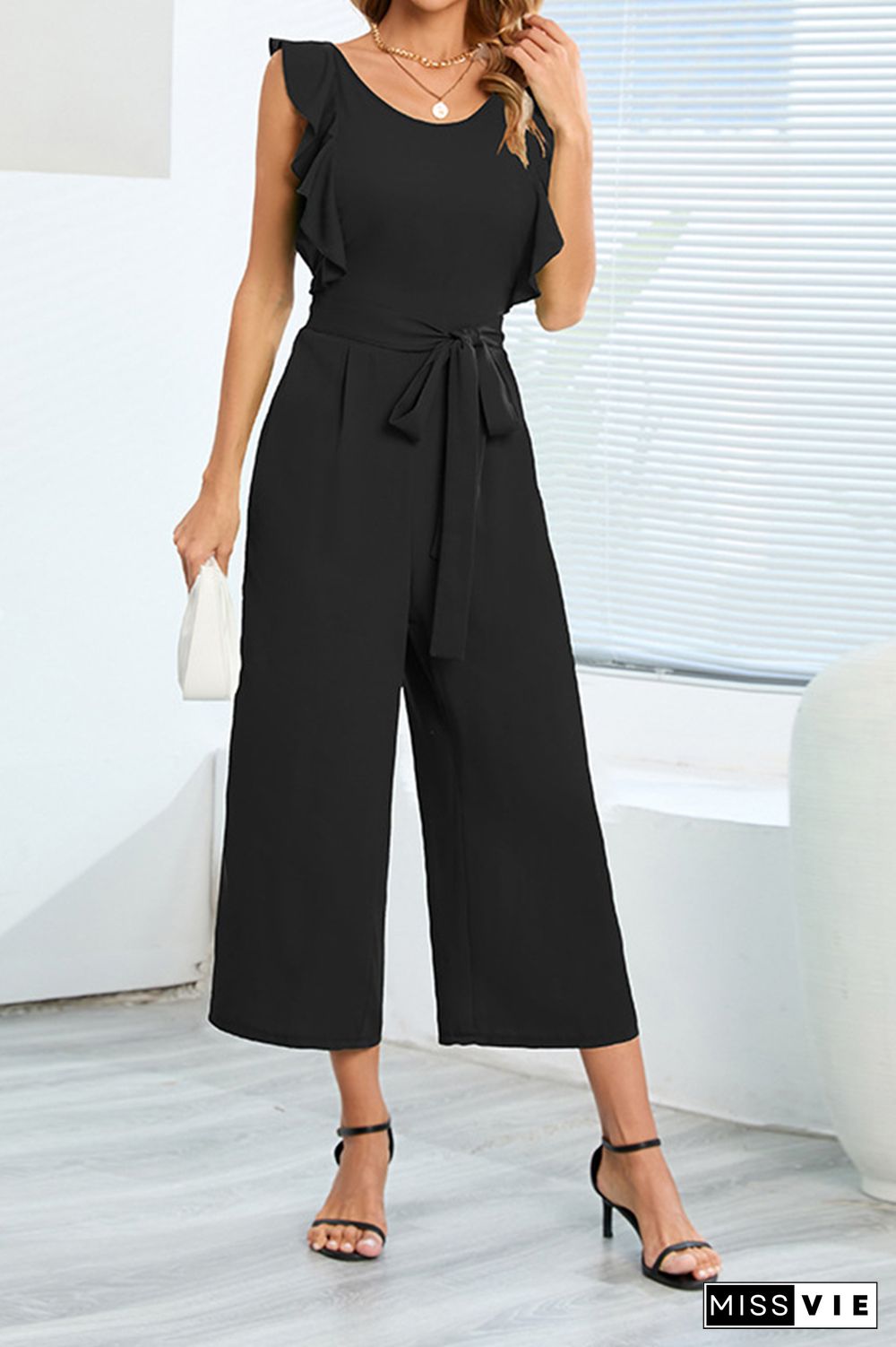 Plain Flutter Sleeveless Wide Leg Jumpsuit