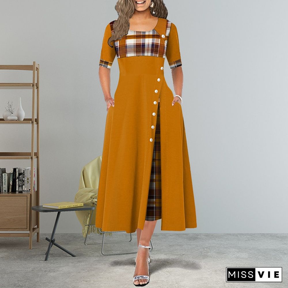 New Women Short Sleeve Plaid Print Elegant Dress Comfy Round Neck High Waist Long Skirt Retro Button Design Maxi Dress Daily Casual Dress Plus Size