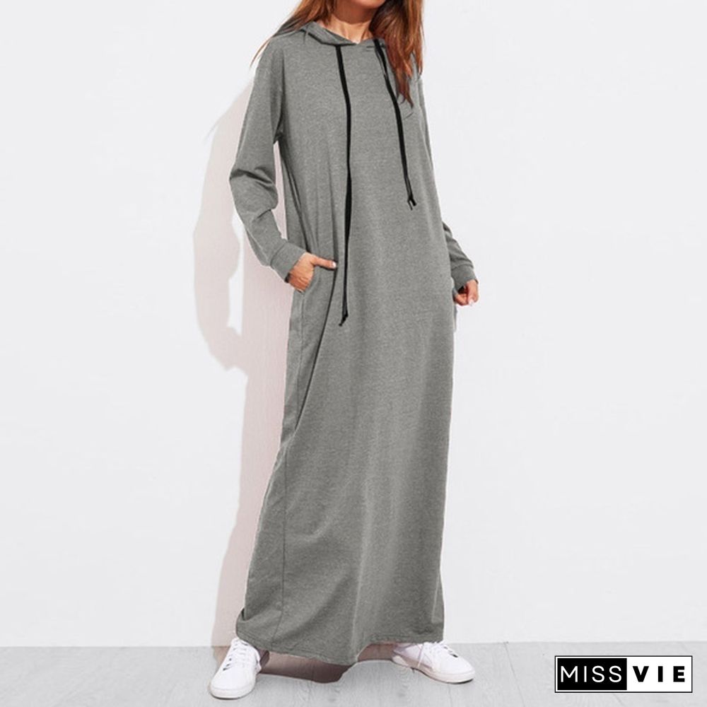 S-5Xl Women Long Hoodie Dress Maxi Long Sleeve Tunic Casual Loose Sweatshirt Dress Party Kaftan Plus Size