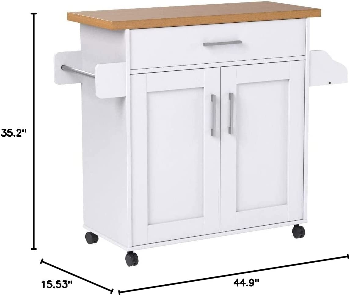 Hodedah Kitchen Island with Spice Rack， Towel Rack and Drawer， White with Beech Top， 15.5 x 35.5-44.9 x 35.2 inches