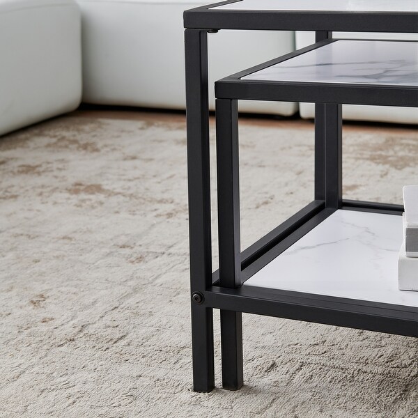 Modern Nesting coffee Table Square and Rectangle(2 pcs)， Black Metal Frame with Wood Marble Top， for Living Room Furniture