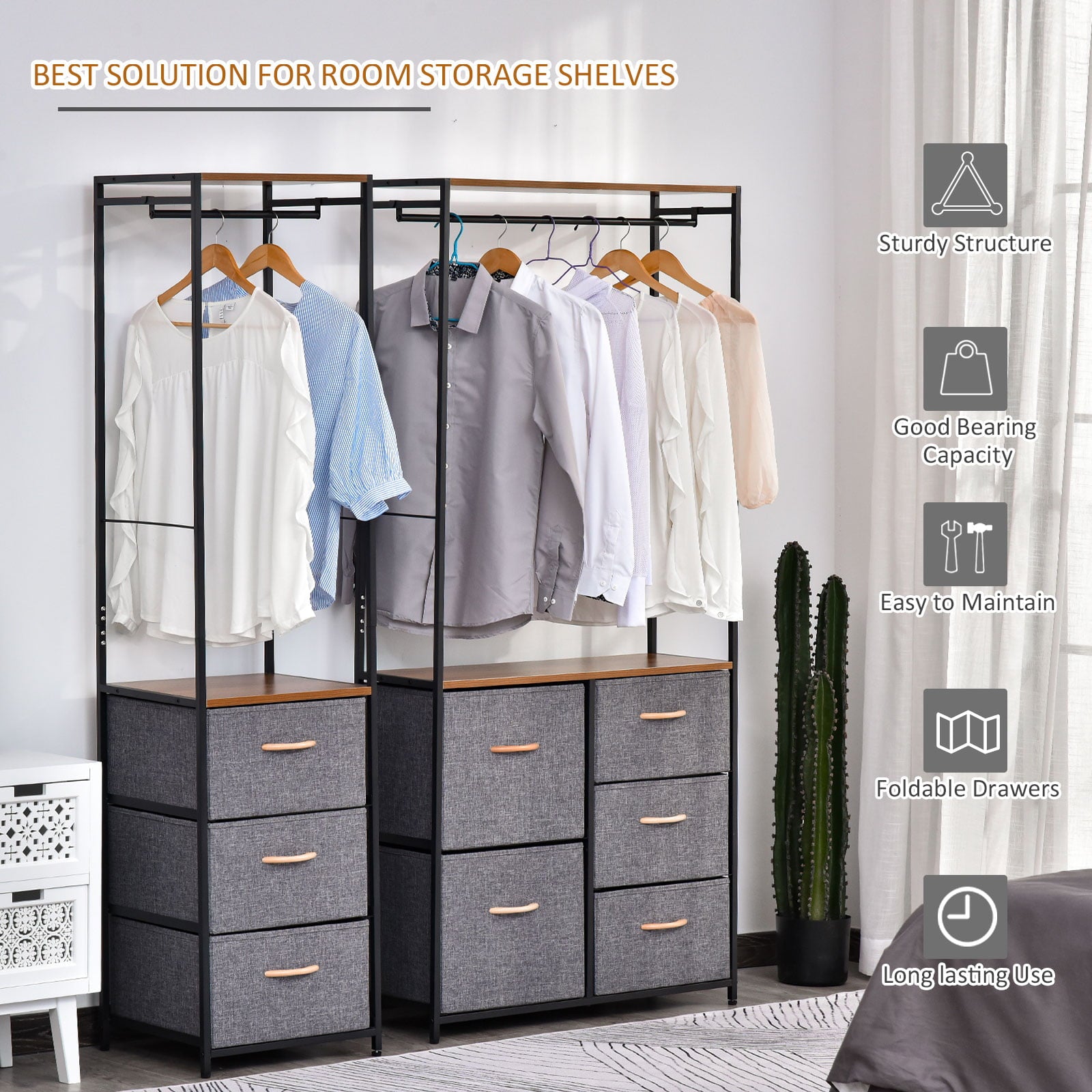 HomCom Industrial Storage Cabinet Coat Rack Bedroom Hall Tree Organizer， Grey