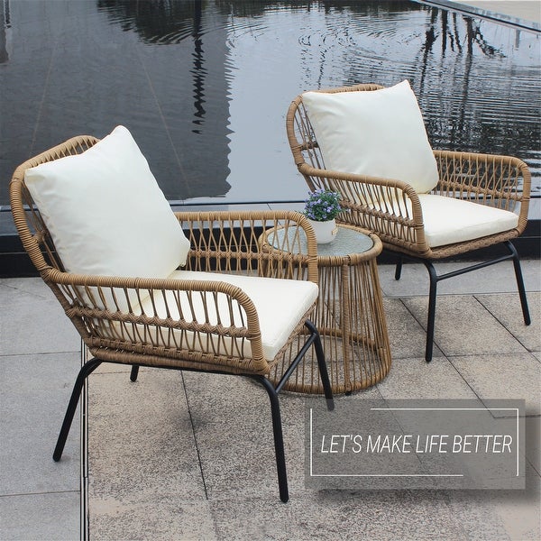 3 pieces Outdoor Patio Balcony Natural Color Wicker Chair Table Set -  - 37630127