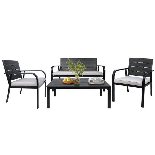 4 PCS Outdoor Patio Chairs Set with Coffee Table， Outdoor Furniture Set with High Density PE and Heavy-duty Steel Frame - Overstock - 37928703