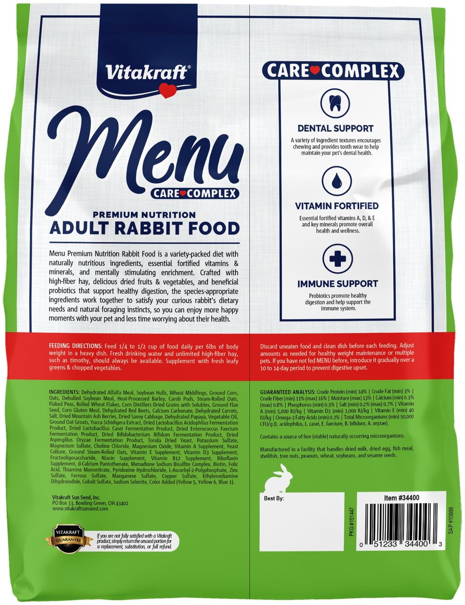 Vitakraft Menu Alfalfa Pellets Blend Vitamin and Mineral Fortified Premium Rabbit Food， 5-lb bag