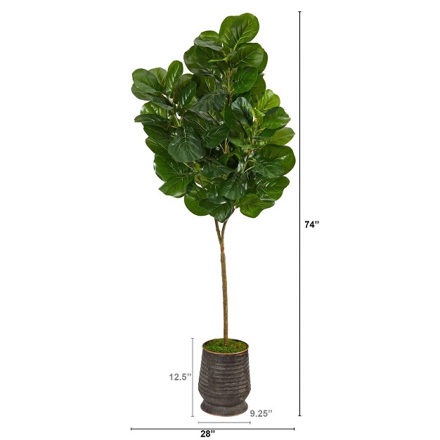 Nearly Natural 74-in Fiddle Leaf Fig Artificial Tree In Ribbed Metal Planter