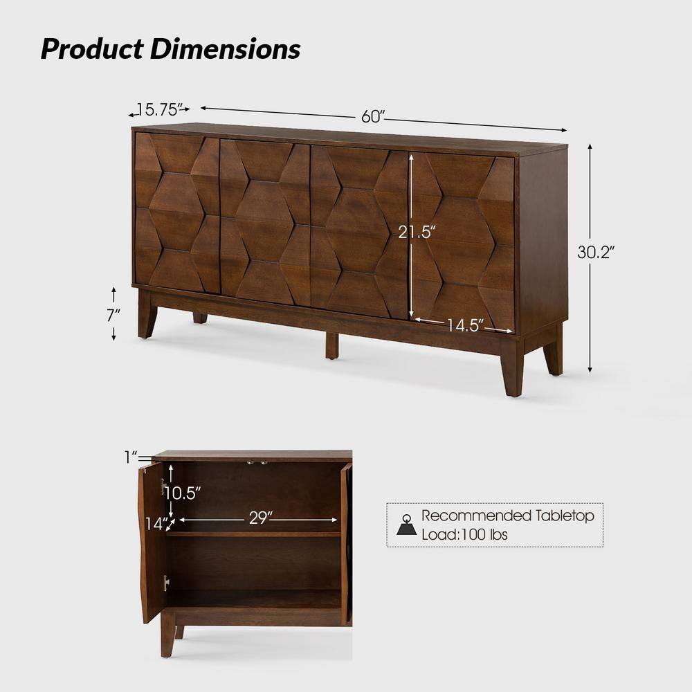 JAYDEN CREATION Kamis Modern Walnut 60 in. Hexagonal Embellishments Sideboard with Solid Wood Legs SBHM0574-WALNUT