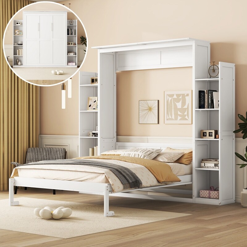 Queen Size Luxury Murphy Bed  Foldable Wall Cabinet Bed with Storage or Display Shelves and LED Lights