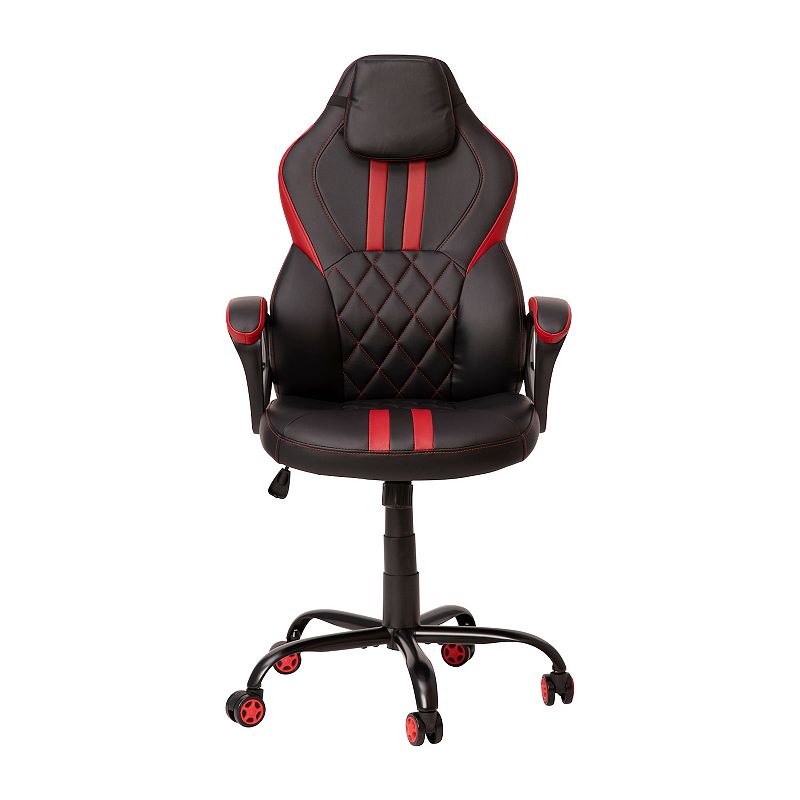 Emma and Oliver Ergonomic High Back Swivel Gaming Chair with Diamond Stitch Black Faux Leather Upholstery with Red Accent Stripes， Padded Arms