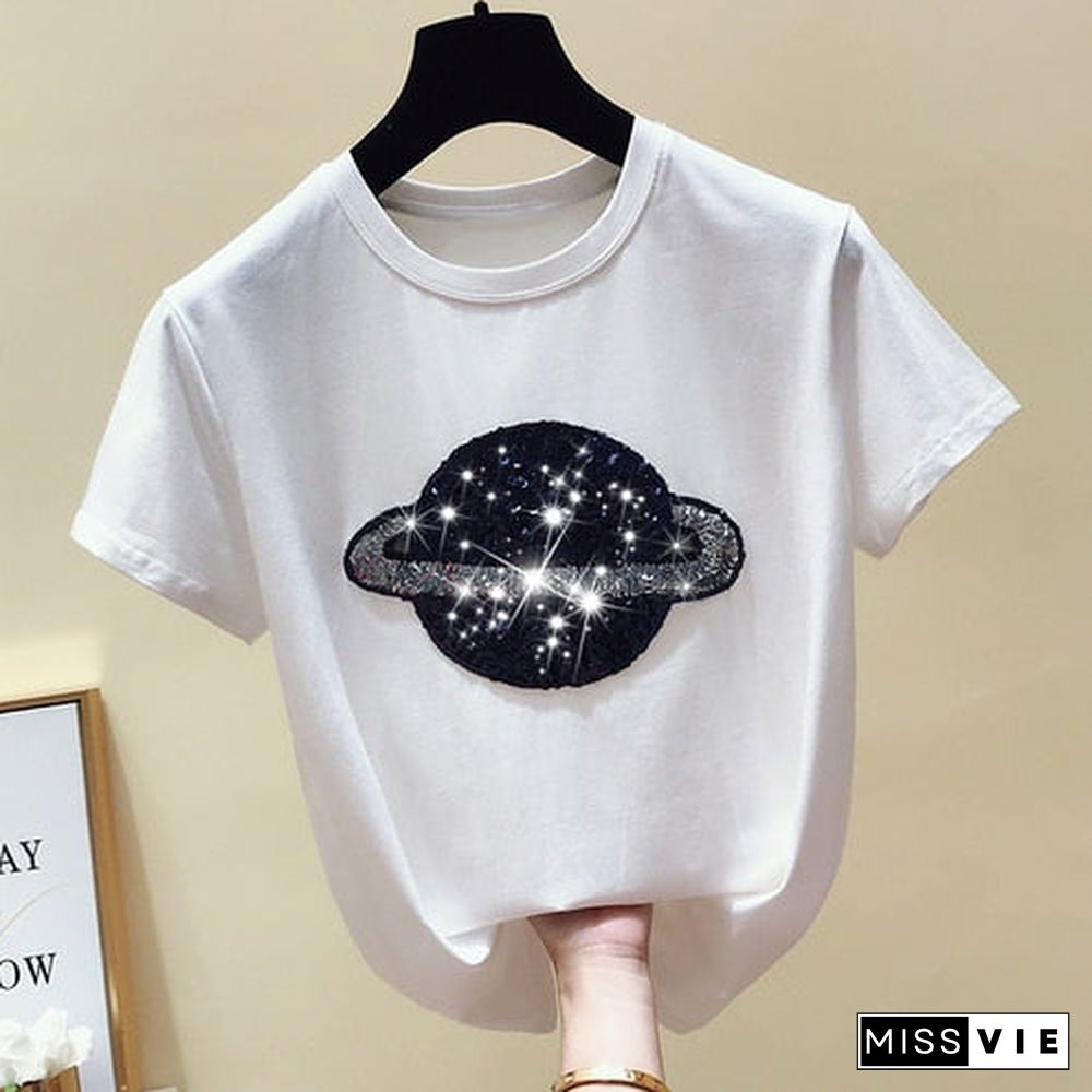 Cotton White Tshirt  Casual Black Tee Shirt Femme Summer Women Tops Fashion Short Sleeve Vintage Female T-Shirt 4887 50