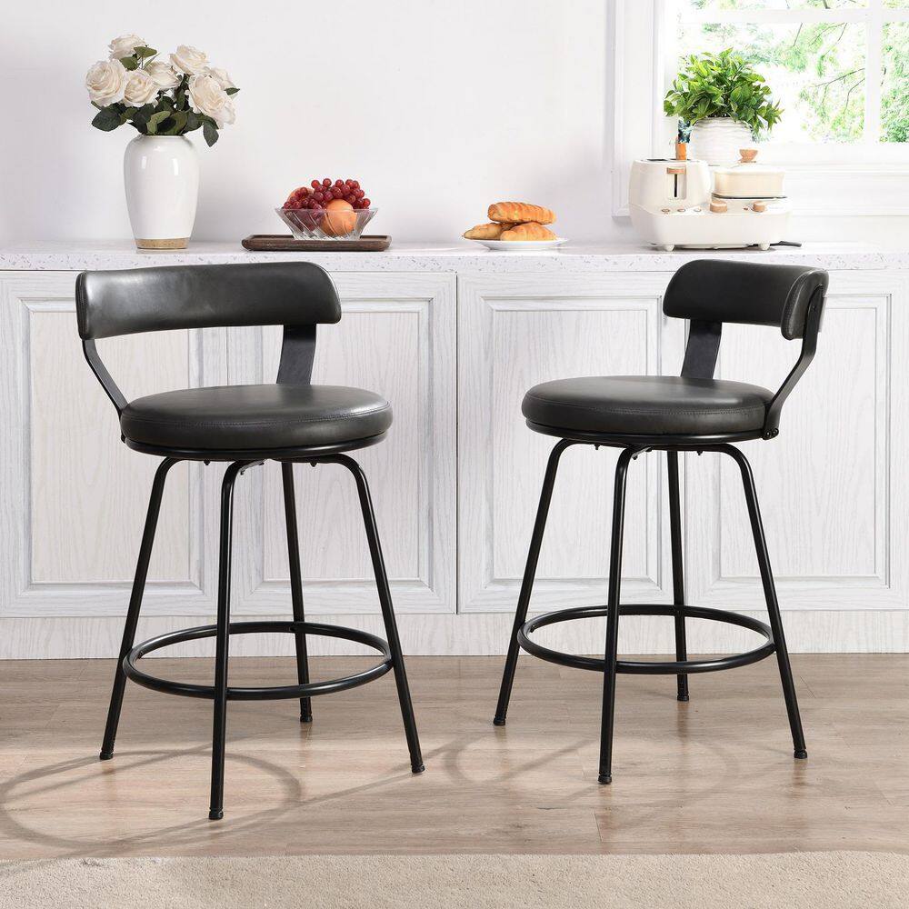 Hausfame 32.5 in. Grey Low Back Metal Frame Swivel Counter Stool with Round PU Leather Seat (Set of 2) HUSF-SBS1006GY-24